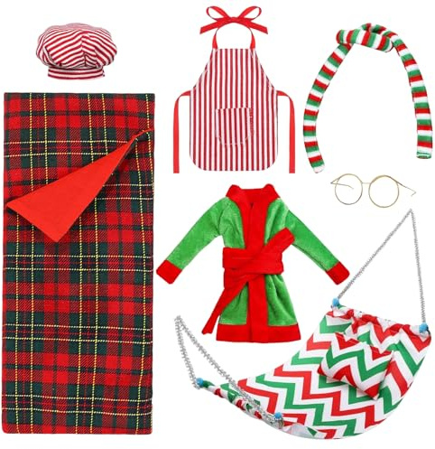 8 Stück Wichtel Zubehör Weihnachten, Weihnachtself Zubehör, Weihnachten Elf Puppe Kostüm Zubehör, Einschließlich Schlafsack, Bademantel, Gläser, Hängematte, Schürze, Schal, Mütze, Kissen