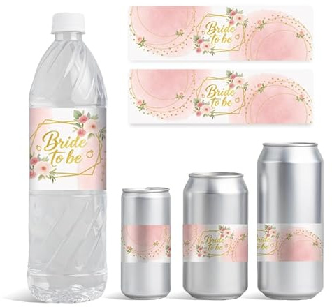 GOMAKERER 30 Sheets Pink Floral Water Bottle Labels, Bride to Be Water Bottles Wraps Sticker Personalized Wine Bottle Label Stickers for Wedding Party Decoration Supply, 8.5x2.5 Inch