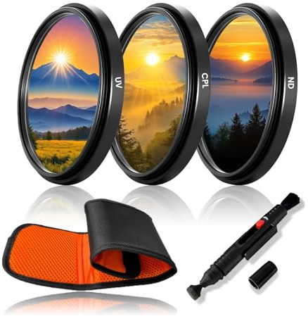 62mm UV/CPL/ND4 Camera Filter Set, Aluminum Alloy Frame Lens Filter Kit with Multi-Layer Coating HD Optical Glass Three-Piece Storage Pouch & Lens Cleaning Brush for Travel Photography