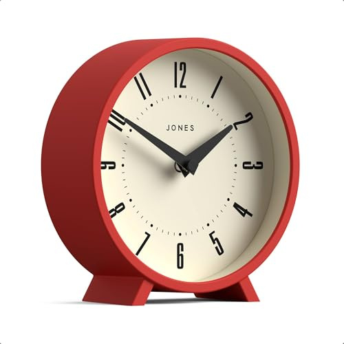 JONES CLOCKS® Venus Schreibtischuhr | Modernes rundes Design | Rot | Stilvolles Retro-Look für Regal, Tisch, Kamin oder Nachttisch