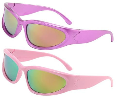 HTTDSLF 2 Pezzi Vintage Occhiali Da Sole Da Uomo Donna, Moda Sunglasses Techno, Futuristici Y2K Sunglasses, Protezione UV400 Occhiali per Carnevali, Feste e Ciclismo (Viola e Rosa)
