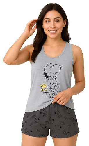 The Peanuts Snoopy Schlafanzug für Damen - On Our Way Pyjama Set Tanktop Oberteil mit Hose Grau