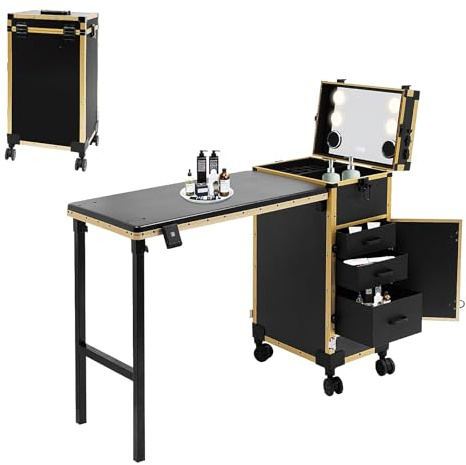 HUOMMGS Professioneller Kosmetikkoffer Trolley 2 In 1 Schminkkoffer mit Tisch Bis 50KG Maniküre Tisch mit 3 Schubladen, LED Spiegel, 4 Rollen Multifunction Kosmetik Koffer Friseurkoffer (Gold)