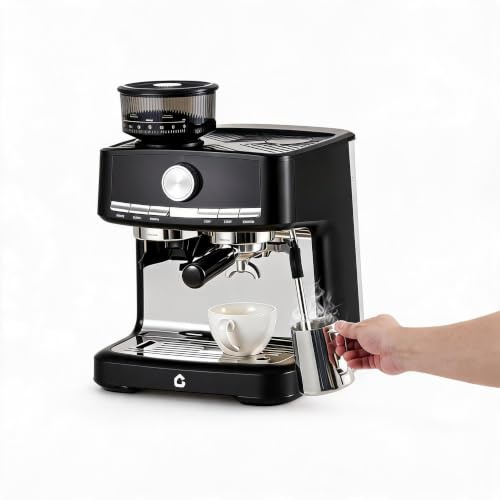 Acekool Cafetera cafetera Italiana Profesional 20 Bares con Molinillo Integrado de 30 ajustes - Espumador de Leche - Portafiltro 58 mm - Depósito extraíble 1,5L - Pintura Negra estándar Europea