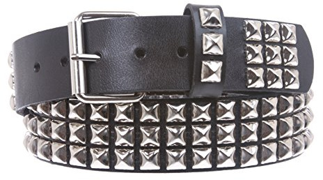 Snap On Three Row Punk Rock Star Metal Silver Studded Full Grain Cowhide Leather Belt, Black | 36