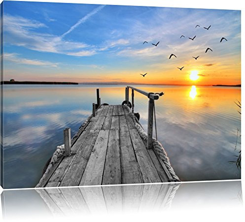 Pixxprint schäner Steg mit Möwen B&W, Größe: 100x70cm, Leinwandbild, fertig gespannt, Wandbild, Dekoration, Kunstdruck, kein Poster