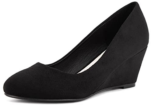 Greatonu Women's Formal Office Wedge Platform Mid Heel Dress Court Shoes Black Suede UK 7