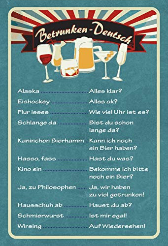 Schatzmix Betrunken-Deutsch Getränkekarte Bar Metallschild Wanddeko 20x30 tin Sign Blechschild, Mehrfarbig, 20x30 cm