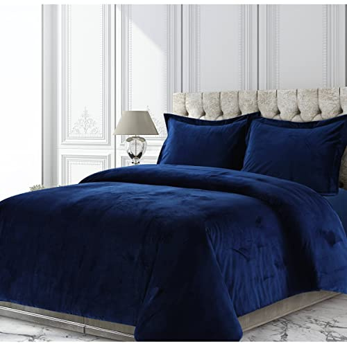 Tribeca Living Veniceduvetqunb Venice Bettbezug-Set, Samt, Übergröße, einfarbig, Queensize, Marineblau