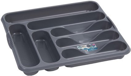 Casa Large Cutlery Tray Rack 7 Compartment Plastic Cutlery Draw Storage Stand Holder Caddy Organiser for Kitchen Drawers (Silver/Grey)