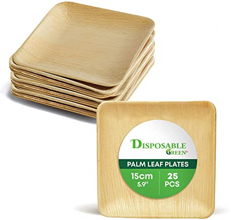 DisposableGreen Confezione da 25 Piatti, Piatti USA e Getta Eco-Friendly Realizzato in Foglie di Palma – 15 cm Quadrato, Robusto, Elegante