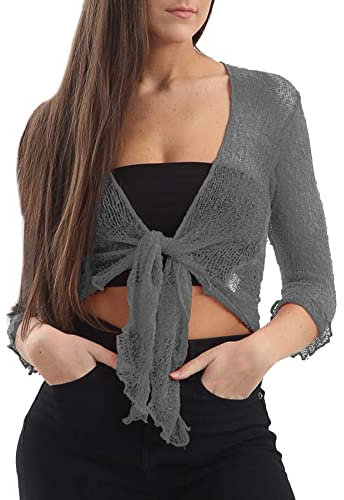 Love My Fashions® Women’s Fish Net Knitted Tie Up Bolero Shrug Top Ladies 3/4 Sleeve One Size Fits All Dark Grey
