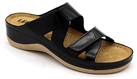 LEON 906 Sandalen Komfortschuhe Lederschuhe Pantolette Hausschuhe Clog, Damen, Schwarz, EU 42