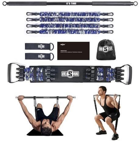 INNSTAR Portable Home Gym Set with Workout Bar, Bench Press Set, Squat Resistance Band, Door Anchor and More-Full Body Workout Equipment to Build Muscle and Shape Body(Camo Blue-105lbs)