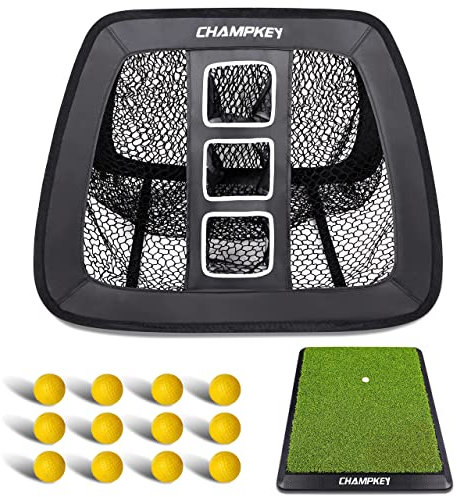 CHAMPKEY Doppelseitiges Chipping-Netz mit Schlagmatte, kommt mit 12 Schaumstoff-Golfbällen, 5-lagigem, knotenlosem Netz und robuster Gummi-Unterlage, ideal für das Training