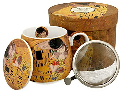 Duo Kollektion Art Gallery by Gustave Klimt THE KISS Becher 430 ml mit Teeei und Deckel aus New Bone China Porzellan im Geschenkbox, Teetasse 3teilig Geschenkset mit teesieb, Becher mit Filter