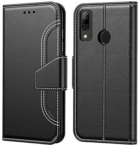 Tenphone Etui Coque Huawei P Smart 2019, Protection Etui Housse en Cuir Portefeuille Livre,[Emplacements Cartes],[Fonction Support],[Languette Magnétique] pour (P Smart 2019 (6,21), Surpique Noir)