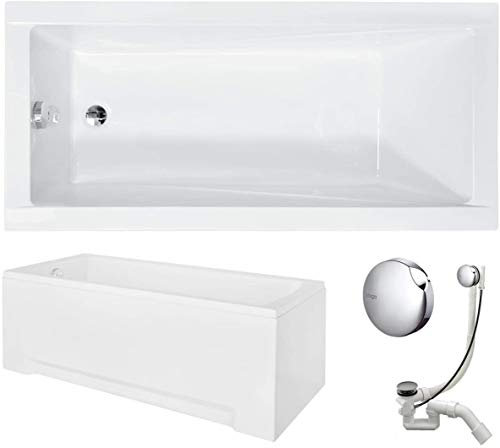 VBChome Badewanne 180x80 cm Acryl SET Schürze Siphon Wanne Rechteck Weiß Design Modern Wannenfüßen Ablaufgarnitur Chrome