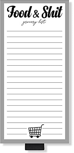 Food Shit Einkaufsliste, Magnet-Notizblock mit Stifthalter für Kühlschrank, Lebensmittel und Scheiße, lustig, zum Abreißen, für Kühlschrank, 8,9 x 19,1 cm, 100 Blatt