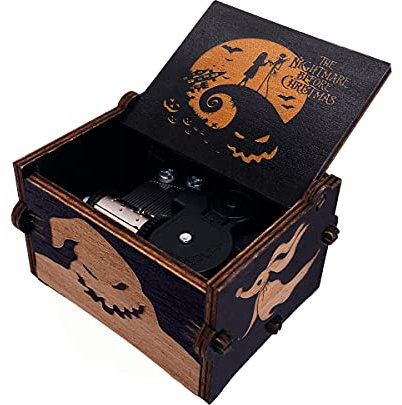 Youtang Spieluhr mit Handkurbel Christmas, lasergraviertes Holz, Geschenk für Weihnachten, Geburtstag, Valentinstag, Muttertag, Spiel Dies ist Halloween (Gelb-schwarz-Aufziehung)