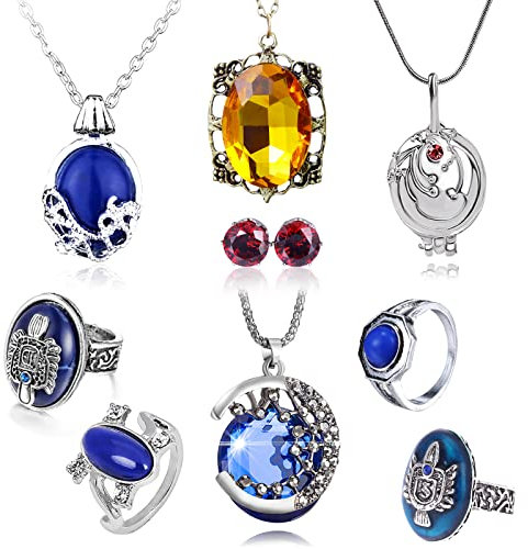 HJYZY 9 Stück Vampire Diaries Schmuck Daywalking Katherine Bonnie Moon Elena Gilbert Vervain Medaillon Halskette Salvatore Damon Stefan Finger Familienwappen Ring Diamant Ohrstecker