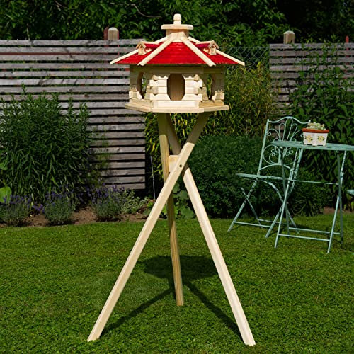 Vogelhaus V16 Natur Holzschindeldach (Größe riesig XXL mit Ständer Solar, Dach Holzschindeln rot)