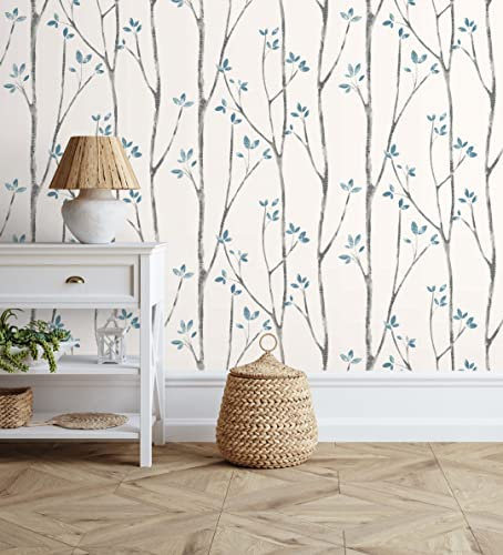 GAULAN 680946 - Vliestapete, Strapazierfähig, Abwaschbar. Skandinavische Baumzweig-Tapete mit blauen Blättern für Wohnzimmer Küche Bad Schlafzimmer Flur - Rolle 10 m x 0,53 m