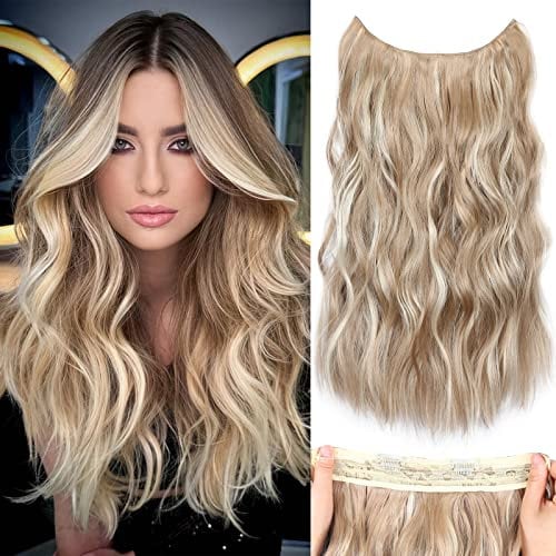 Halos Hair Extension with Transparent Wire, Invisible Wire Hair Extensions with 5 Adjustable Sizes, 20 Inch Synthetic Long Wavy Hair Pieces for Women (Color: Dark Ash Blonde Mixed Bleach Blonde)