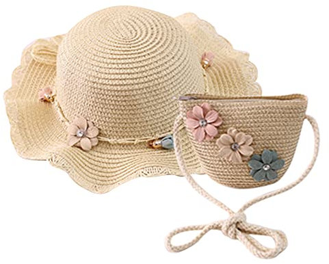 Stroh + Beachtasche Mädchen Strohhut für Kinder Kinder Hut für Kinder Sonnenschirm Hut für Kinder Mütze Sommer Mädchen 2 Jahre (new9-Beige, One Size)