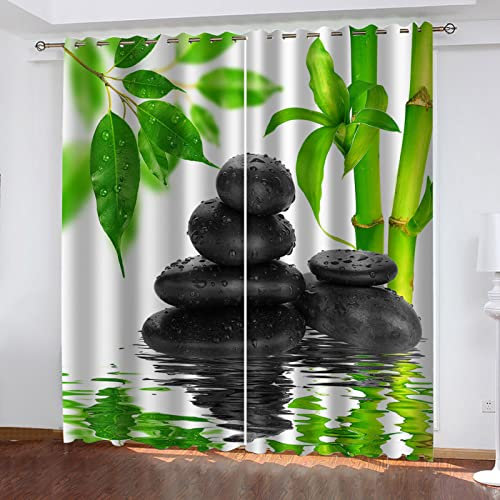 Gardinen Wohnzimmer Modern Mit Ösen 3D Grüne Bambusblattkiesel Vorhang Blickdicht Verdunkelung Verdunklungsvorhänge Thermovorhang Hitzeschutz Schlafzimmer Kinderzimmer 2Er Set 160X210cm(HxB)