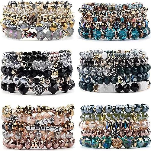 WAINIS Lot de 6 bracelets empilables de style bohème pour femme - Bracelet extensible multicouche en cristal - Multicolore, 6.7 Inch, Verre, Pas de gemme