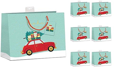 PremiumLine Geschenktaschen Weihnachten 6 Stück | DIN A4 Geschenktüten Papier Geschenkbeutel groß | farbige Kordel, Namenskarte | Weihnachtsauto, Large Quer 32x26x12cm | Skorpion Papeterie