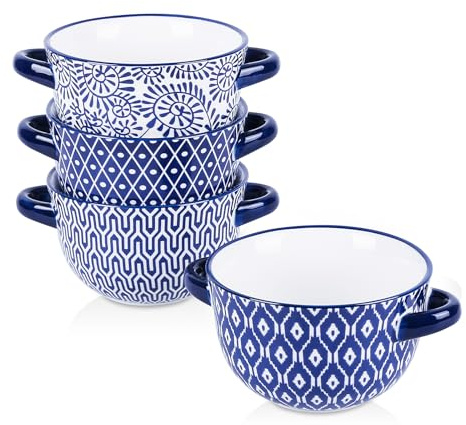 Selamica Ceramic Soup Bowls with Handles, French Onion Soup Crocks 20 OZ, Oven Safe Soup Bowls for French Onion, Chili, Beef Stew, Cereal, Pot Pies, Set of 4, Vintage Blue