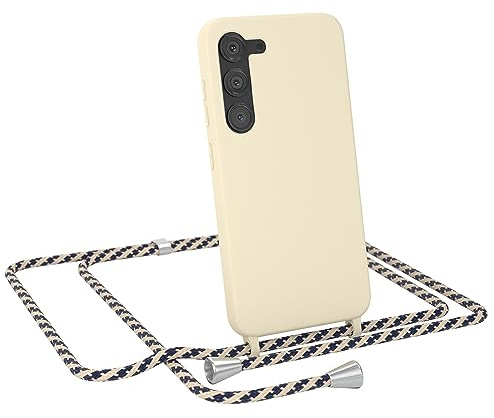 EAZY CASE - Handykette austauschbares Band - kompatibel mit Samsung Galaxy S23 Silikon Necklace(abnehmbar),Stoßdämpfung bei Sturz, Taupe mit Taupe/Blau Camouflage Clip Silber