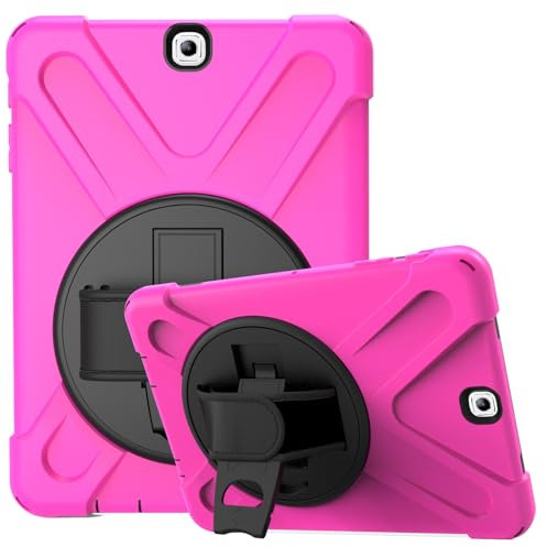 SLLMYYX Funda para Samsung Galaxy Tab S2 de 9,7 pulgadas SM-T810/SM-T815, correa de mano giratoria 360º, a prueba de golpes, funda protectora con correa para el hombro, color rosa
