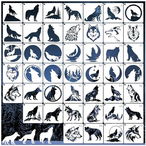 Wolf-Schablonen zum Malen auf Holz, Motiv: heulender Wolfskopf, Schablonen zum Bemalen von Wölfen, brennende Muster, Vorlage auf Leinwand, Wand, Stofffelsen (45 Wolf), 45 Stück