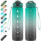NAVTUE 1L Water Bottle with Straw, Sports Drinks Bottle with Time Markings, Leak Proof, Tritan BPA free for School/Cycling/Running (Black Green)