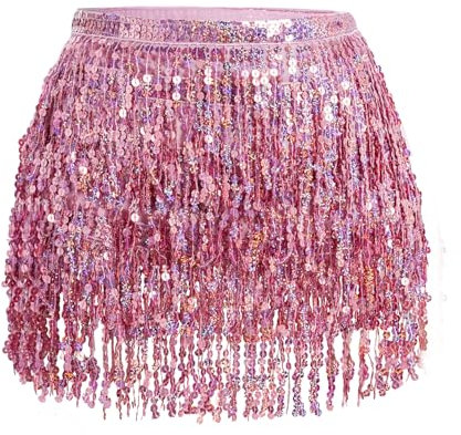 Glitzer Damen Rock Pailletten Rock Bauchtanz Kostüm Mini Rock Cowgirl Kostüm Tanzkleid Rave Outfit Hüfttuch Kostüm für Damen und Mädchen (DE/NL/SE/PL, Alphanumerisch, M, Regular, Regular, Rosa)