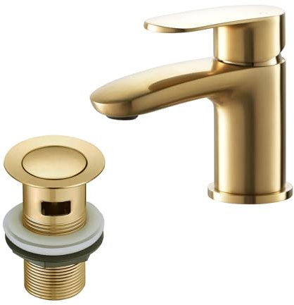 Basin Mixer Tap with Drain, BATHWEST Brushed Golden Brass Bathroom Sink Taps with Waste, Modern Bathroom Taps with Pop Up Waste Middle 492NGO