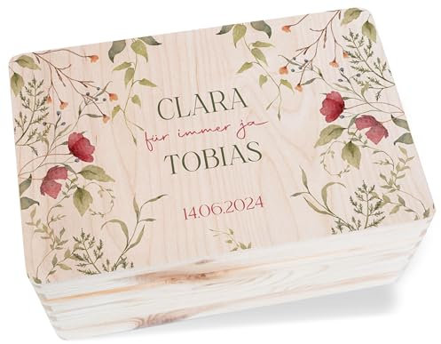 Holzkiste Erinnerungsbox - Für immer ja | Persönliche Liebesgeschenke mit Namen & Datum | Erinnerungen Hochzeit Geldgeschenk Box Brautpaar | Verlobung | Beziehung | Liebe - 30 x 20 x 14 - Holz