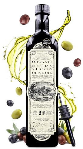 Organic Extra Virgin Olive Oil 1000ml | Prestige Cold Pressed Olives From Calabria, Italy | High Polyphenols | Premium Naturally Preserving Miron Violet Glass | 1L Vegan Friendly (Bottle + Pourer)