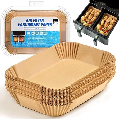 K-MART Air Fryer Liners Disposable 5.5 Inch 100pcs Rectangular, Non-Stick Parchment Paper Liners, Baking Paper, Compatible with Ninja, Tower and Other Dual Zone air fryers (5.5 Inch 100pcs Rectangle)