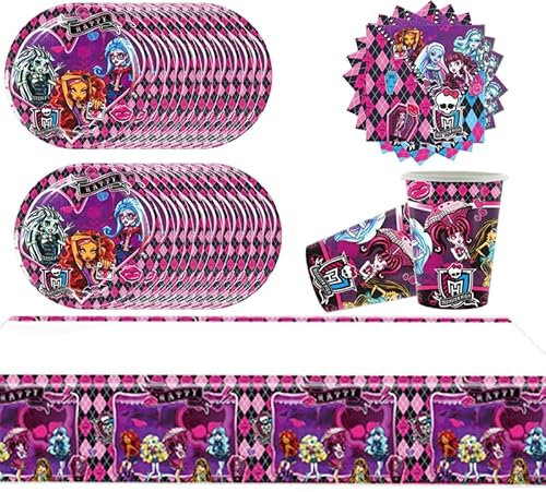 61 Stück Monster High Partygeschirr, Monster High Kindergeburtstagsparty, inkl. Pappteller, Tassen, Tischdecken und Servietten, geeignet für Kindergeburtstagsparty, Mädchenparty