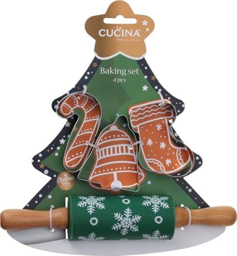 Backset für junge Weihnachtsbäcker Tanne (4er Set) mit drei Ausstecher und einer Teigrolle - Plätzchen backen Weihnachten, Weihnachtsplätzchen, Nudelholz, Backrolle, Förmchen