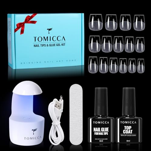 TOMICCA Kit Capsule Americaine Ongle - Pose Americaine Ongle Kit, 240 PCS Capsules Ongle Cercueil Ultra Court, Avec 6 en 1 Colle Faux Ongles Top Coat Semi Permanent Et Mini Lampe UV Ongles Gel