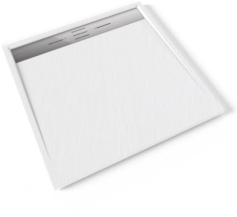 HIEMAL INOX Receveur de douche 100 x 100 cm résine Blanc aspect ardoise + bonde inox incluse - Salle de bain