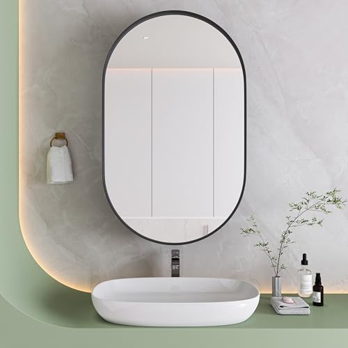 A ALFRESCOOL Stylish Oval Mirror Cabinet, Wall Cabinet with Metal Framed, Adjustable Shelves, with Storage for Bathroom, Living Room and Bedroom, Black