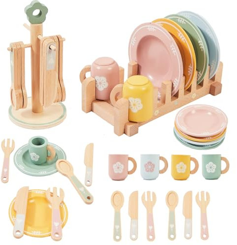 Benhurb Wooden Tea Set for Toddlers, Wooden Toys, Mud Kitchen Accessories Toys Pots and Pans Playset Cutlery Wood Pretend Play Food Toy, Role Play Toys Gift for Toddlers Girls Boys Age 3 4 5 6 Years