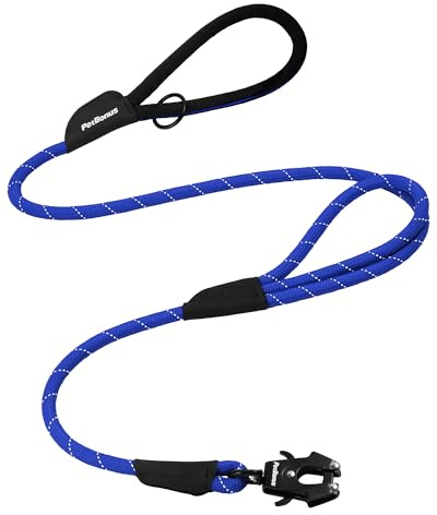 PetBonus Two Handles Dog Lead, 1.5 m Pet Rope Lead with Quick Release Clip | Comfortable Traffic Handle, Heavy Duty, Durable, Reflective, Walking Hiking Training Lead, For Medium Large Dogs, Blue