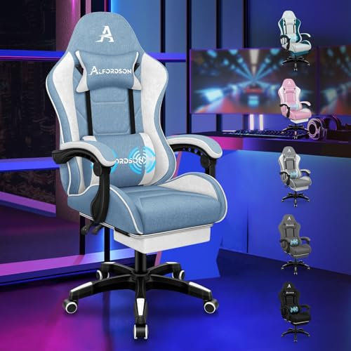 ALFORDSON Silla Gaming de Masaje, Silla de Oficina con reposapiés, Silla Gaming de Carreras, Capacidad de 180 kg, Respaldo Ajustable de 90-150°, Silla ergonómica para PC, Tela, Azul y Blanco